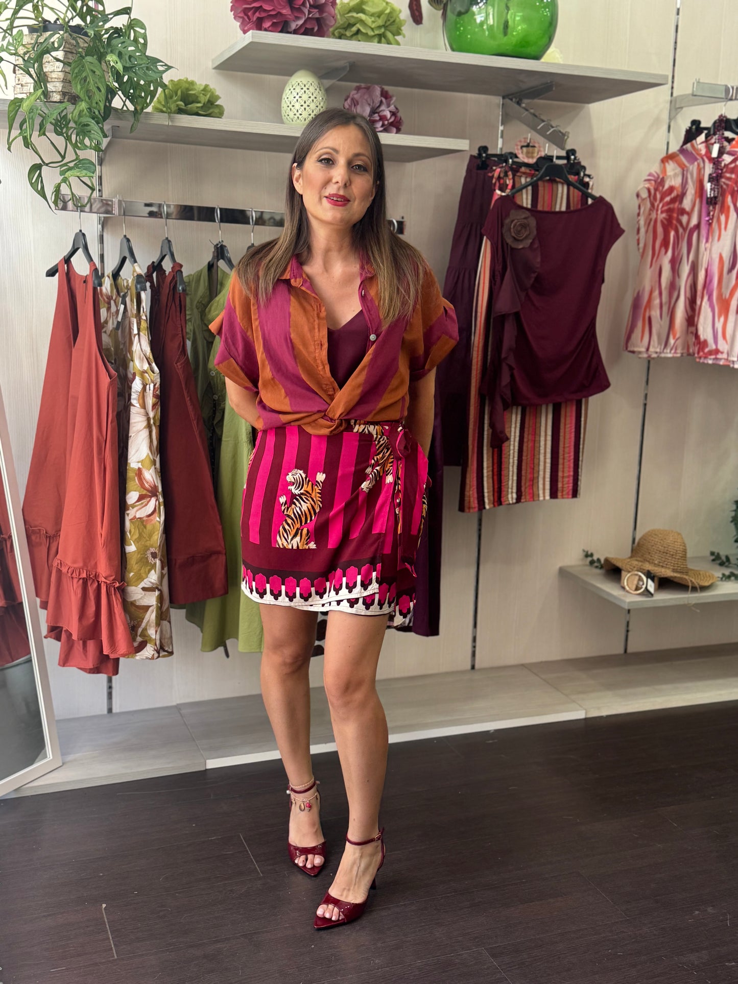 Camicia rigata ruggine bordeaux