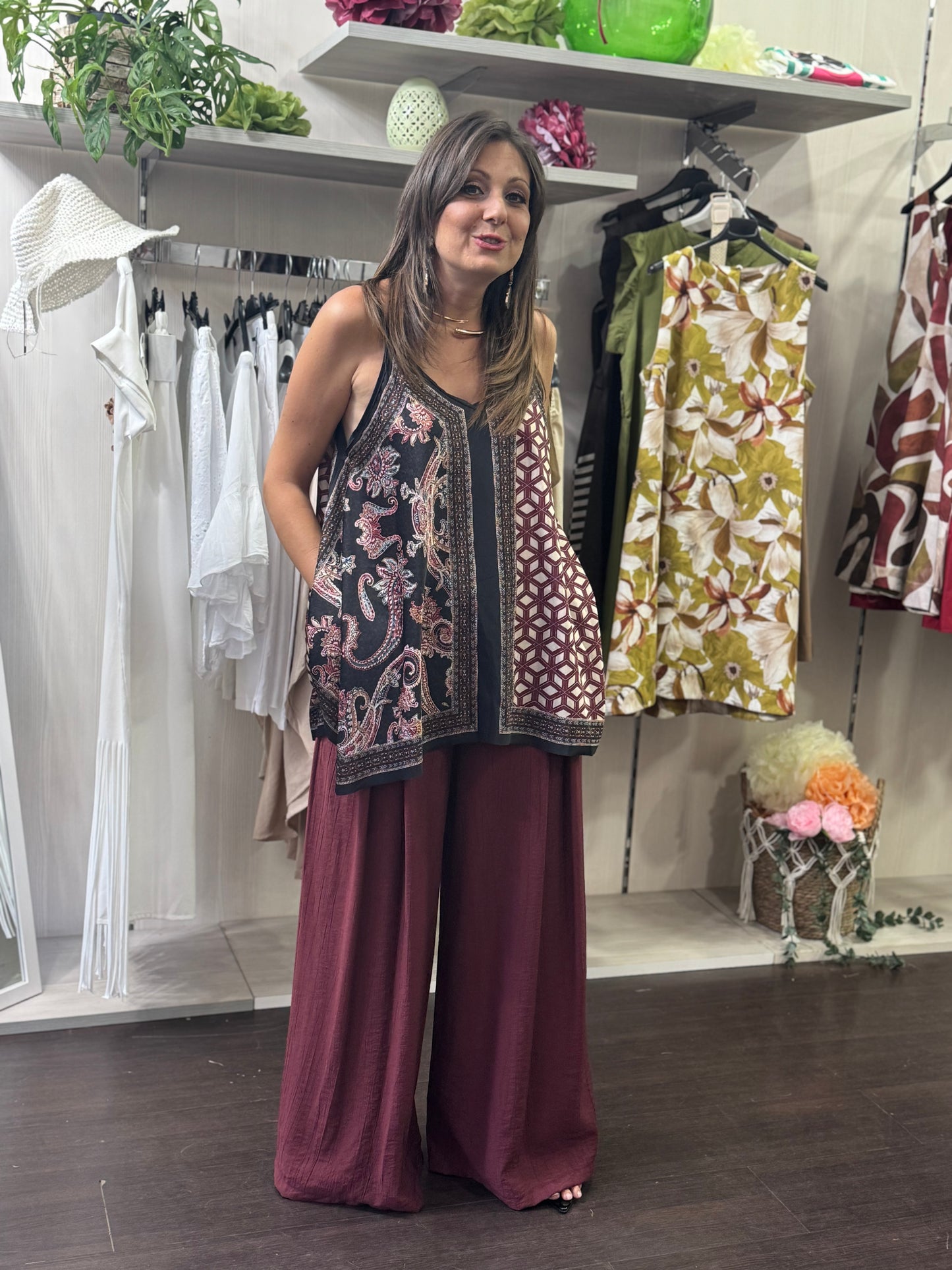 Pantalone bordeaux viscosa lavorata