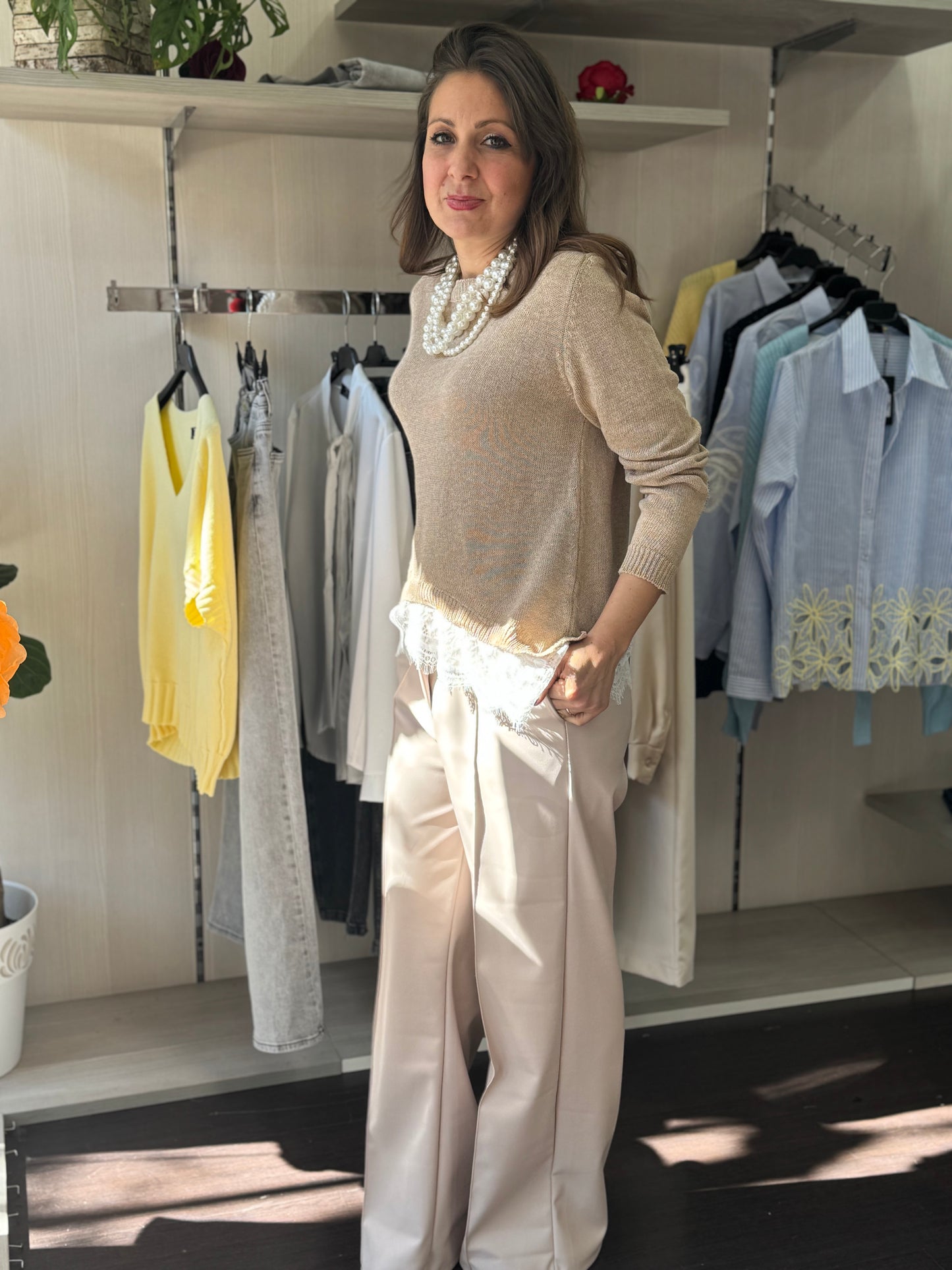 Pantalone ecopelle burro