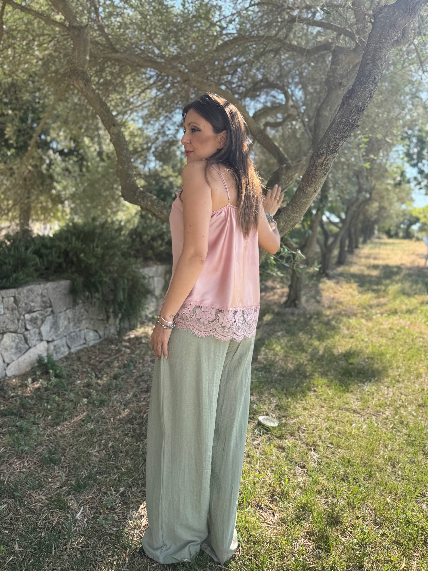 Pantalone verde viscosa e lino
