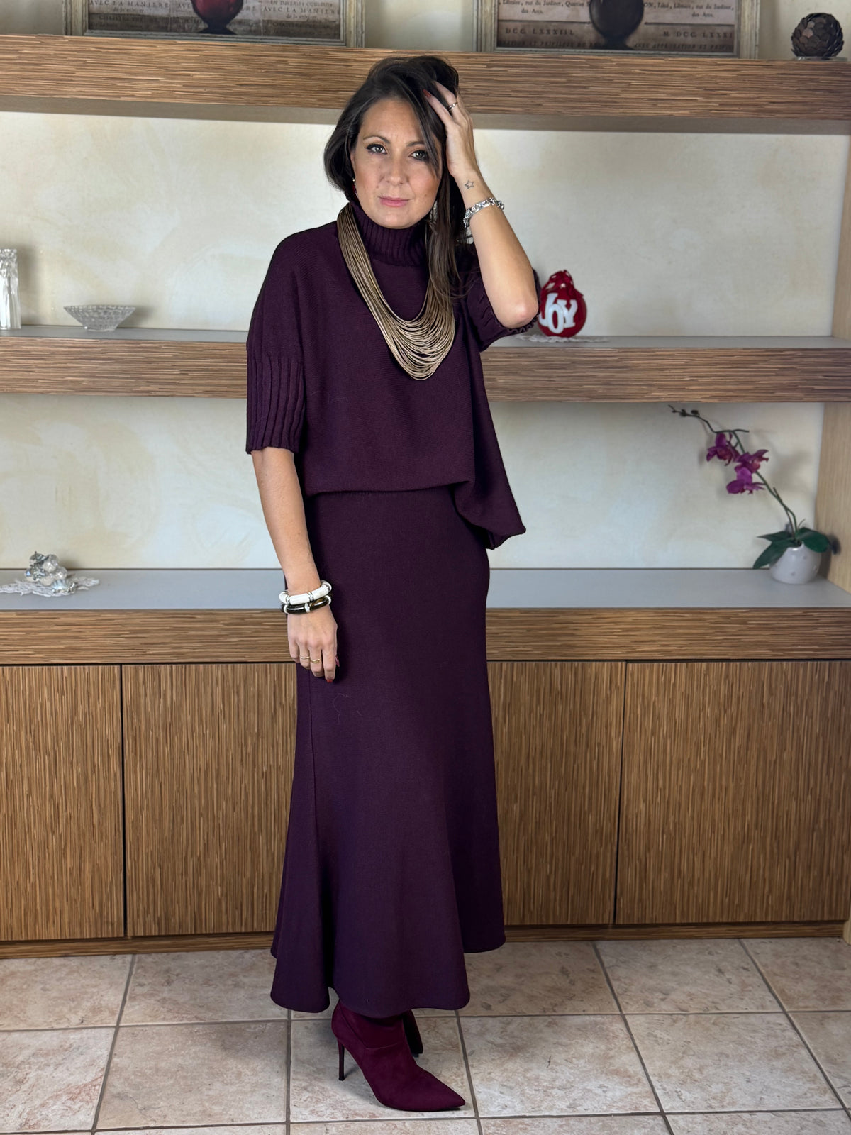 Gonna in maglia bordeaux