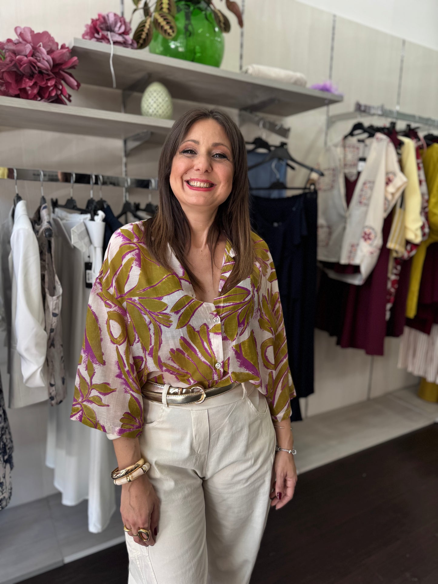 Camicia fantasia verde e ciclamino