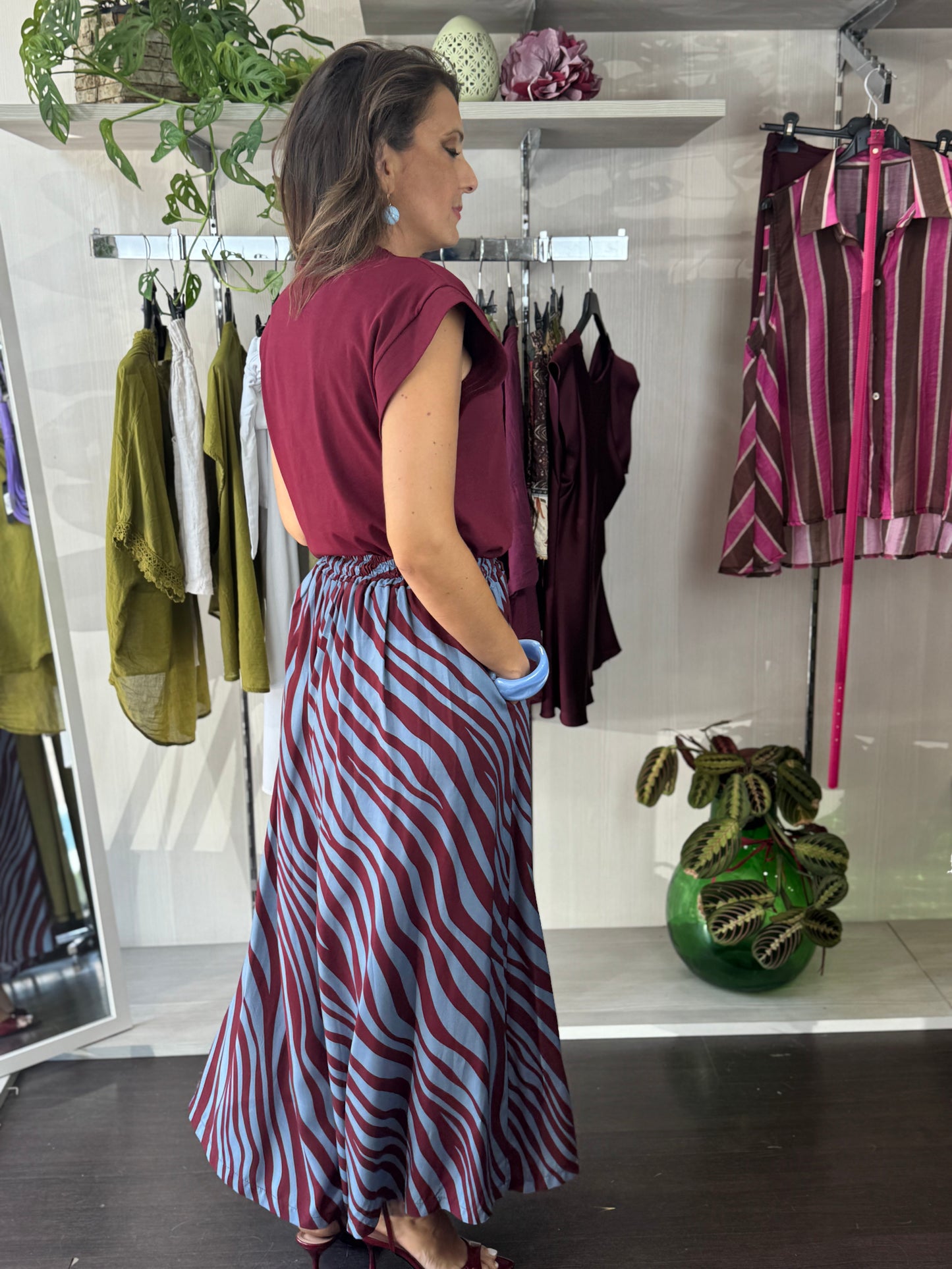 Gonna pantalone bordeaux e blu