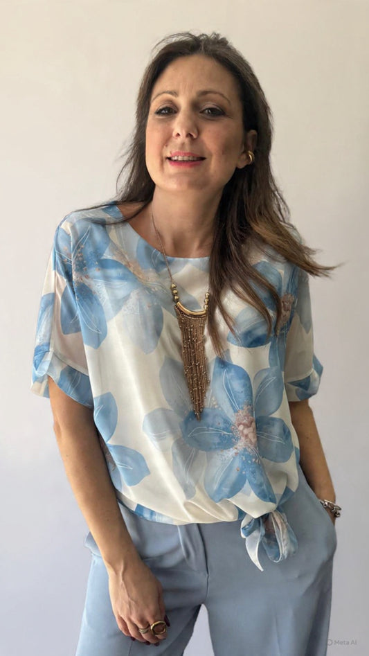 Blusa fiocco fantasia celeste