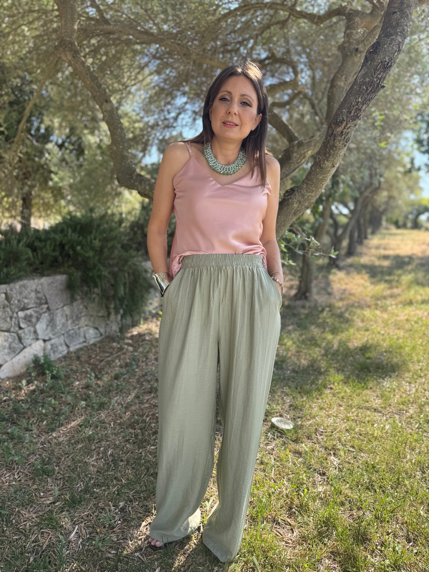 Pantalone verde viscosa e lino