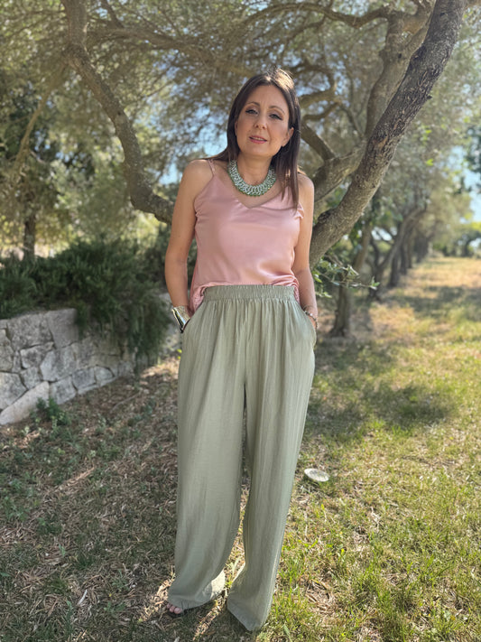 Pantalone verde viscosa e lino