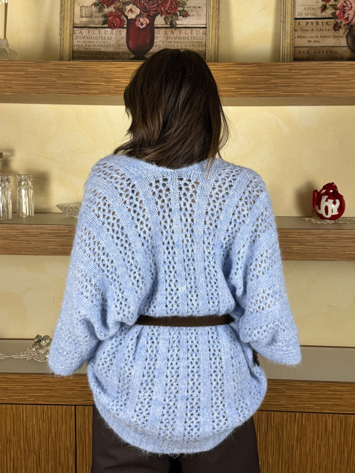 Cardigan lungo traforato celeste