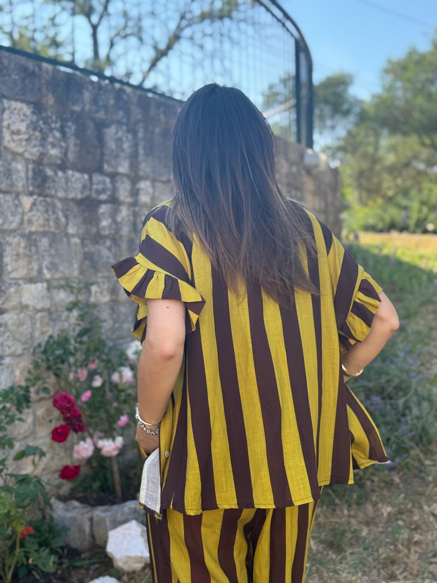 Camicia rigata senape e cioccolato