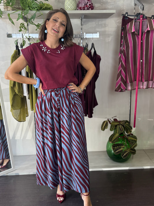 Gonna pantalone bordeaux e blu
