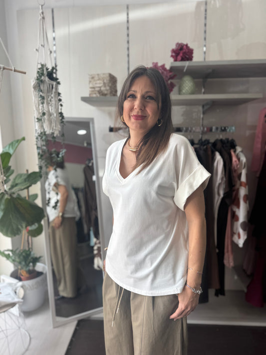 T-shirt basic bianca scollo a V