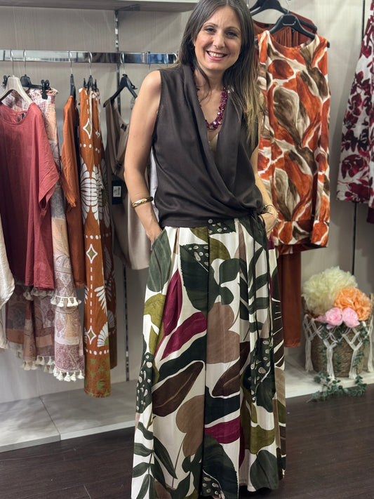 Pantalone fantasia marrone verde