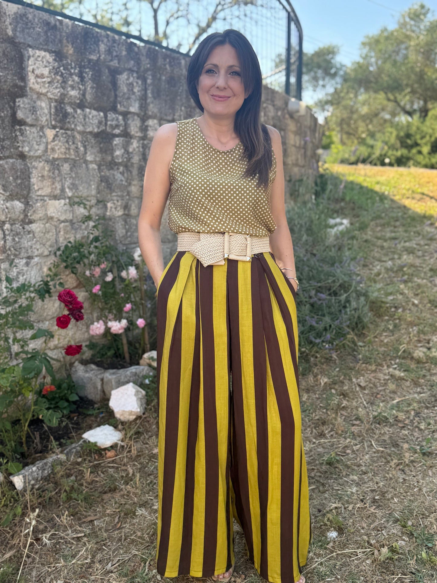Pantalone rigato cioccolato senape