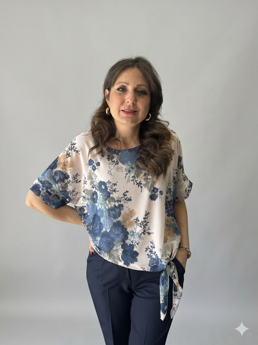 Blusa fiocco fantasia blu