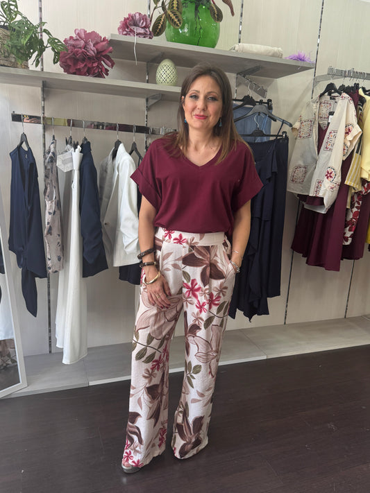 Pantalone fantasia bianca e bordeaux