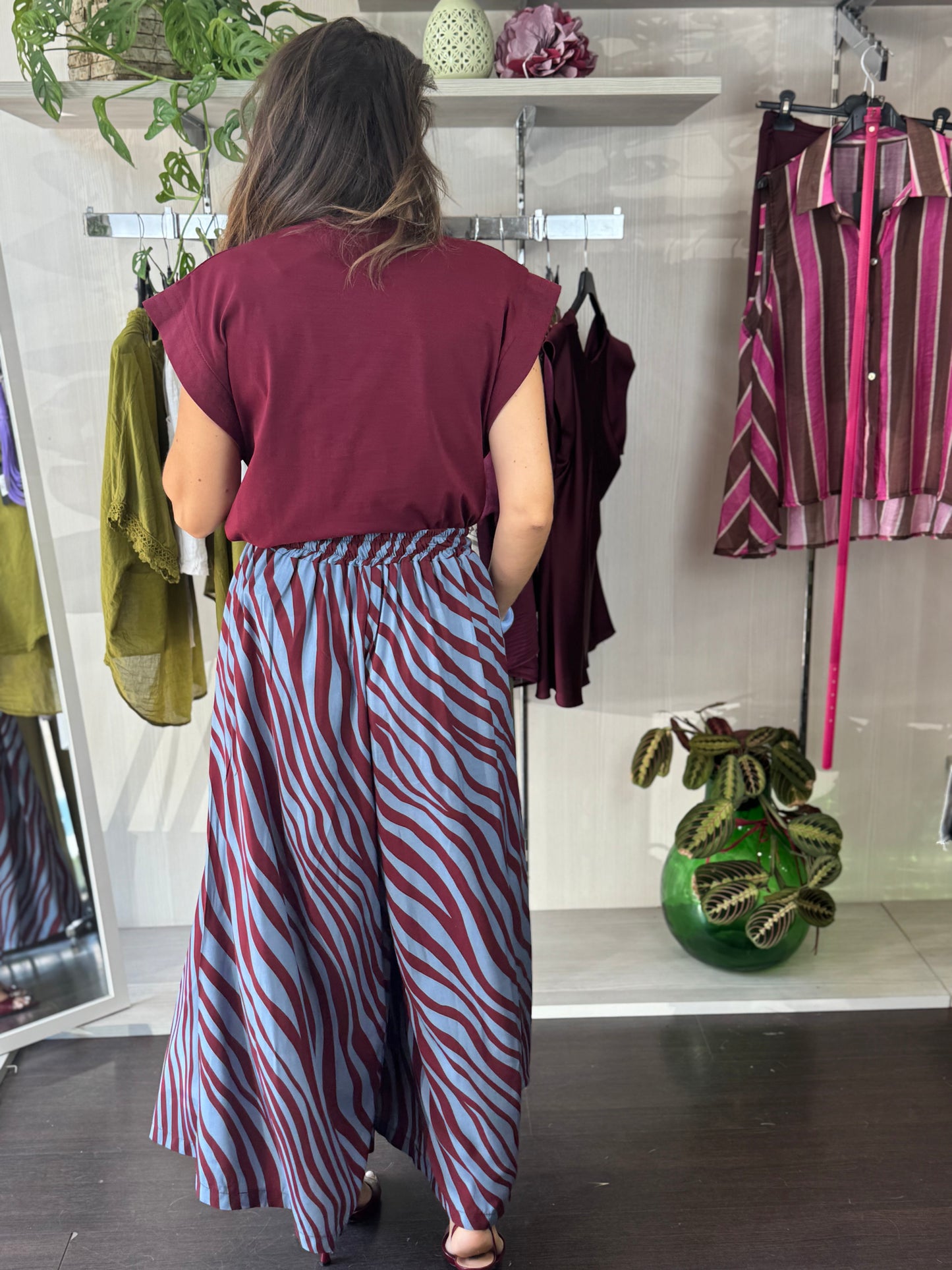 Gonna pantalone bordeaux e blu