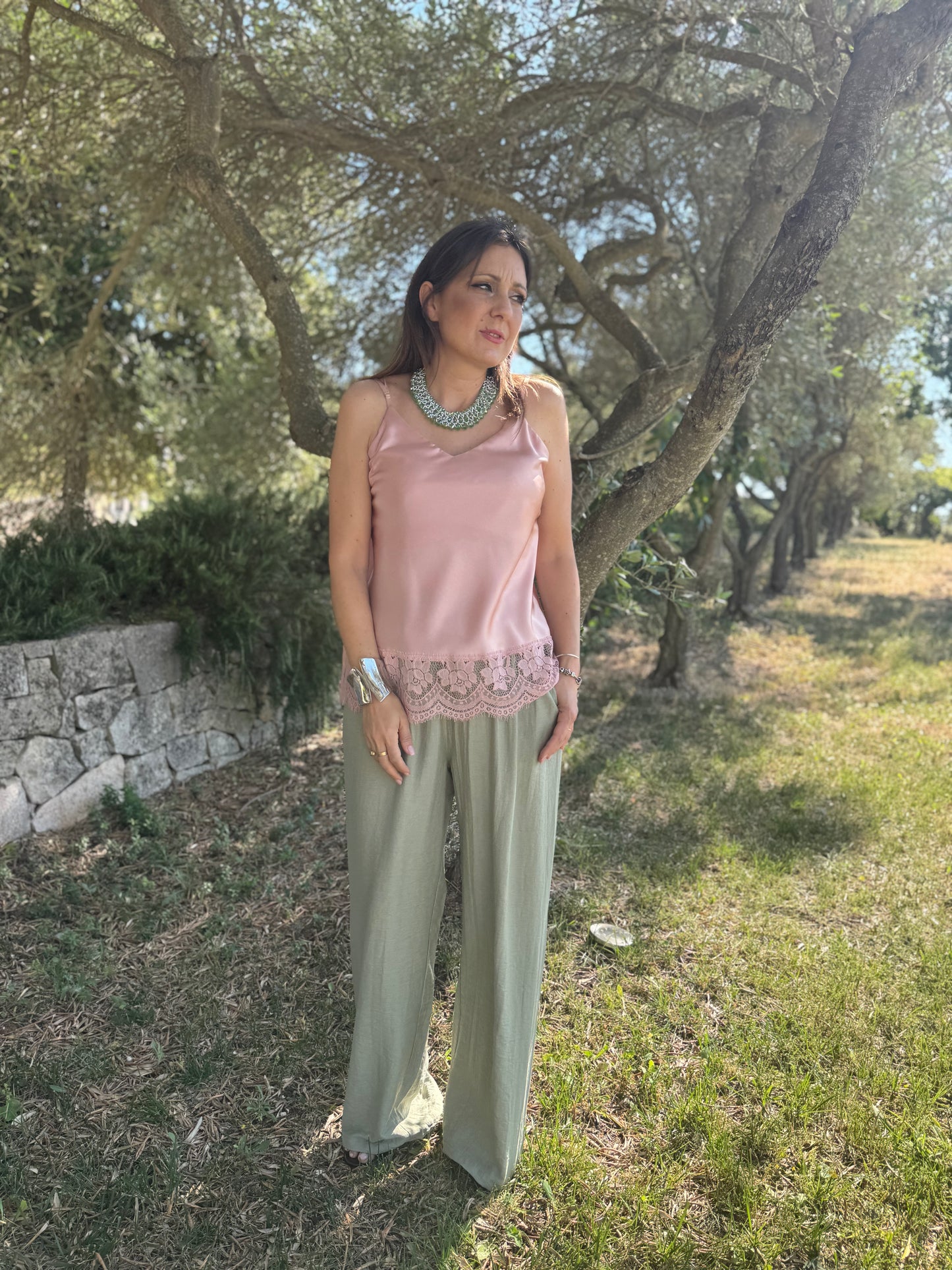 Pantalone verde viscosa e lino