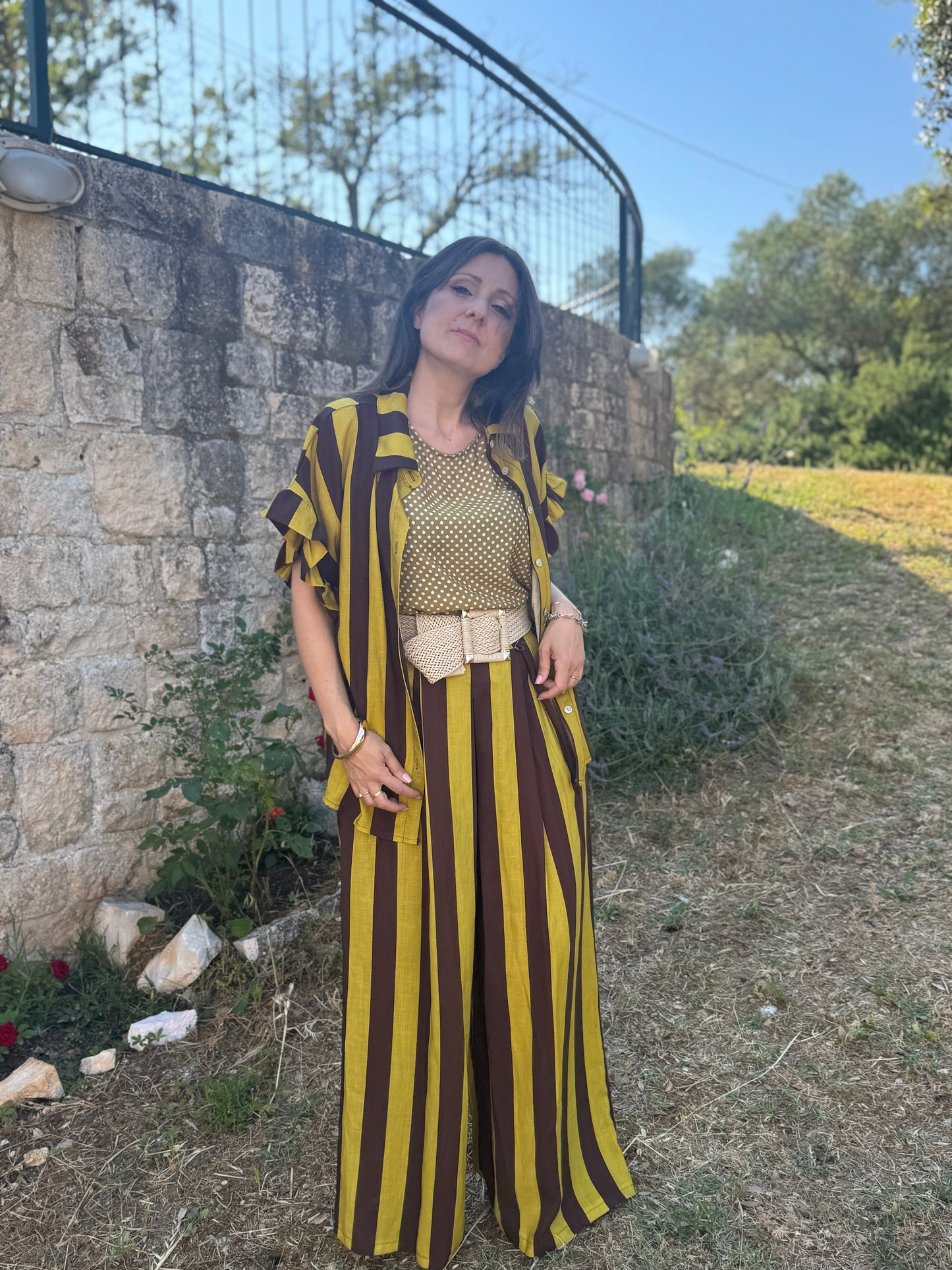 Camicia rigata senape e cioccolato