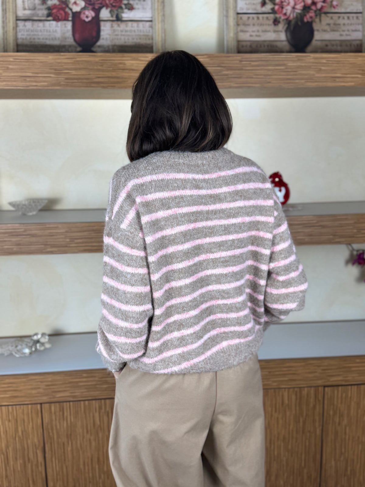 Maglioncino righe tortora e rosa