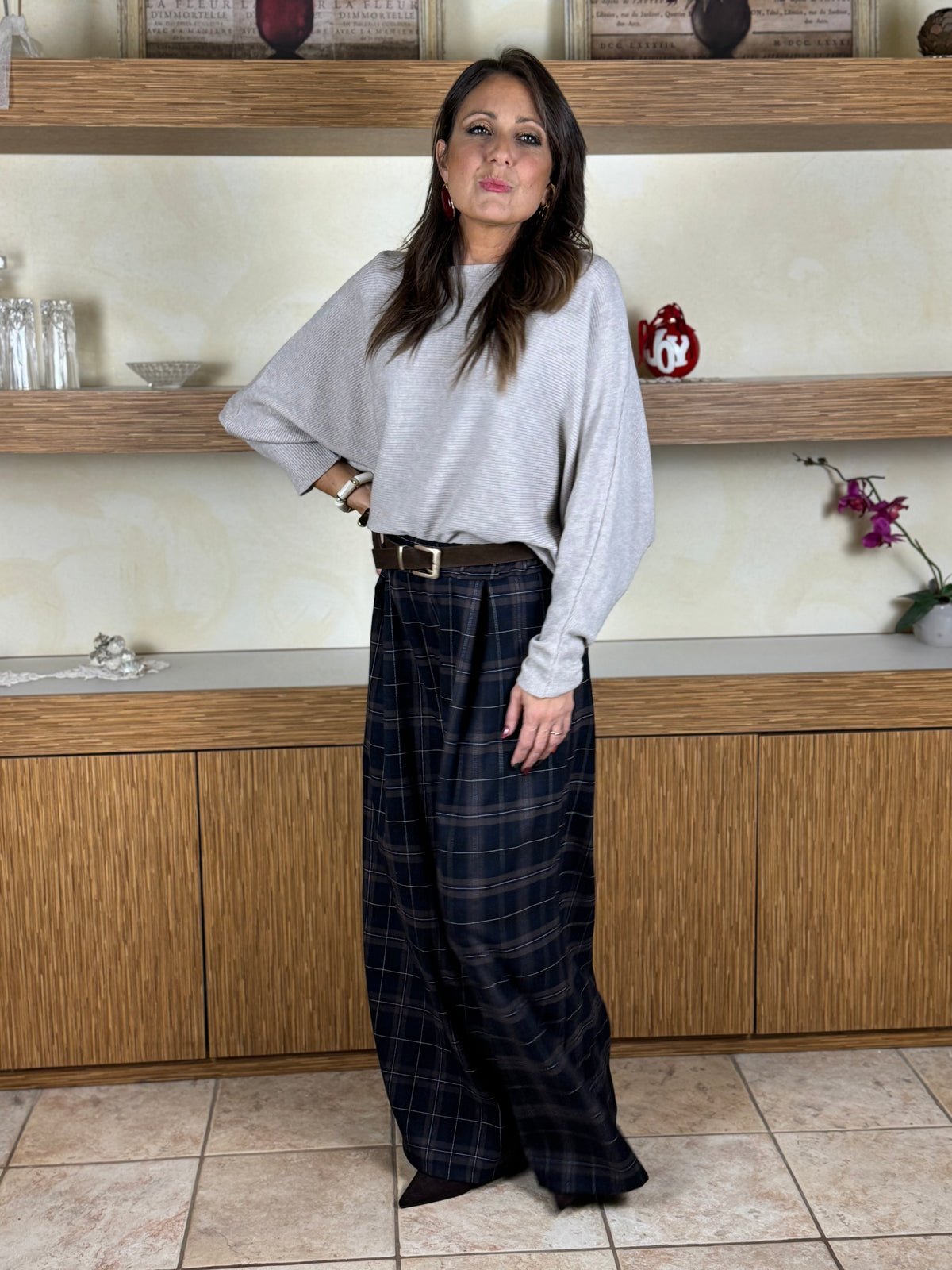 Pantalone quadri blu e marrone